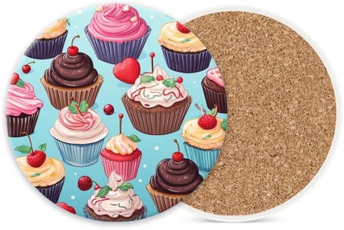 Ceramic Stone Cork Coasters for Drinks Tableware, Cupcake Pattern Round Absorbent Durable Aesthetic Art Cup Mat Protects Tables and Surfaces Set of 1 (4 * 4 Inch)