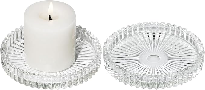 Vixdonos 3.8 Inch Glass Pillar Candle Holder Set Pack 2 Gear Round Plate Serrated Candle Stand for Table Centerpieces,Party, Wedding and Home Decor