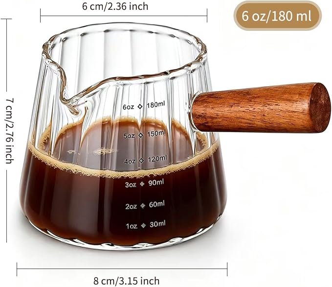 6 oz Espresso Cups - Glass Measuring Cups with Spout - Ribbed Small Creamer Pitcher- Expresso Shots Cup with Wood Handle for Coffee Milk, Dishwasher Safe (Transparent, 2 pack)