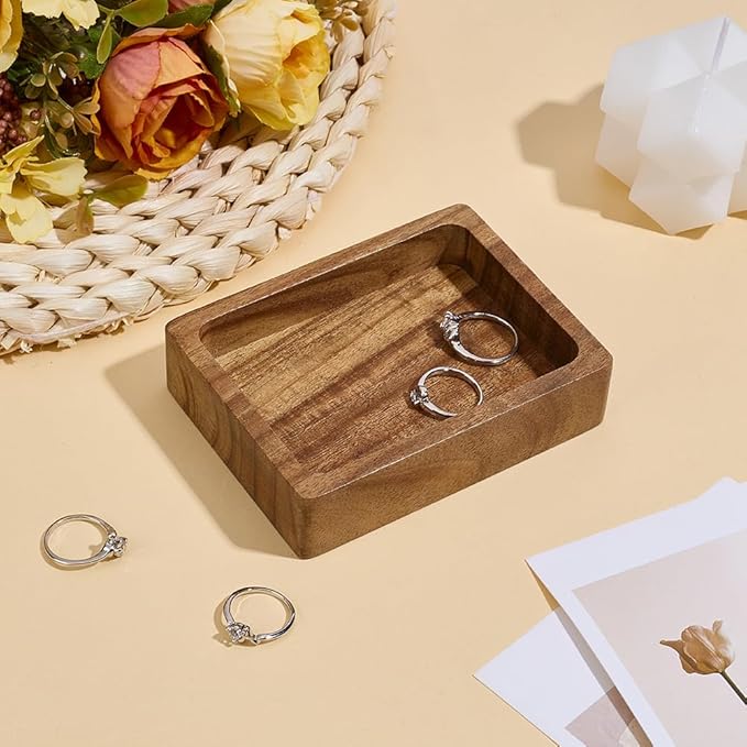 MAYJOYDIY Acacia Wood Rectangular Serving Tray, Rectangular Wood Serving Platter for Display Collectible Ring Jewelry Earring Necklace Trinkets Decorative Organizer 3.9" x 2.9"