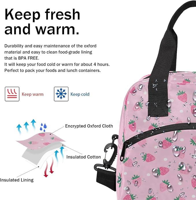 Strawberry Dots Pattern Insulated Lunch Bag for Women Men Reusable Lunch Box Cooler Bag Large Leakproof Lunch Tote with Adjustable Shoulder Strap for Adult Work Picnic Camping Beach Office