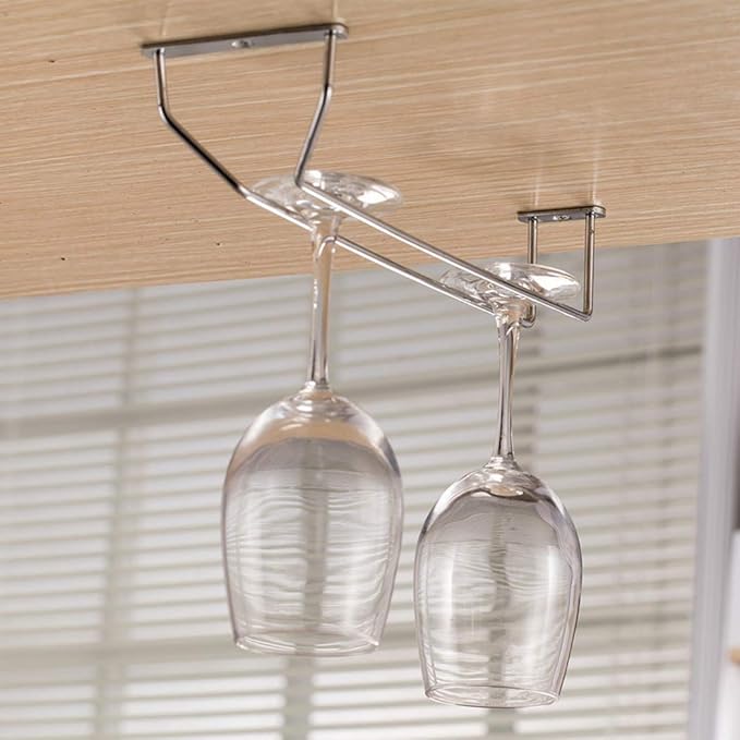Stemware Wine Glass Hanging Rack Under Cabinet Kitchen Bar Storage Wine Glass Rack Holds up to 8-10 Wine Glass, 13.4 Inch Set of 2, Silver