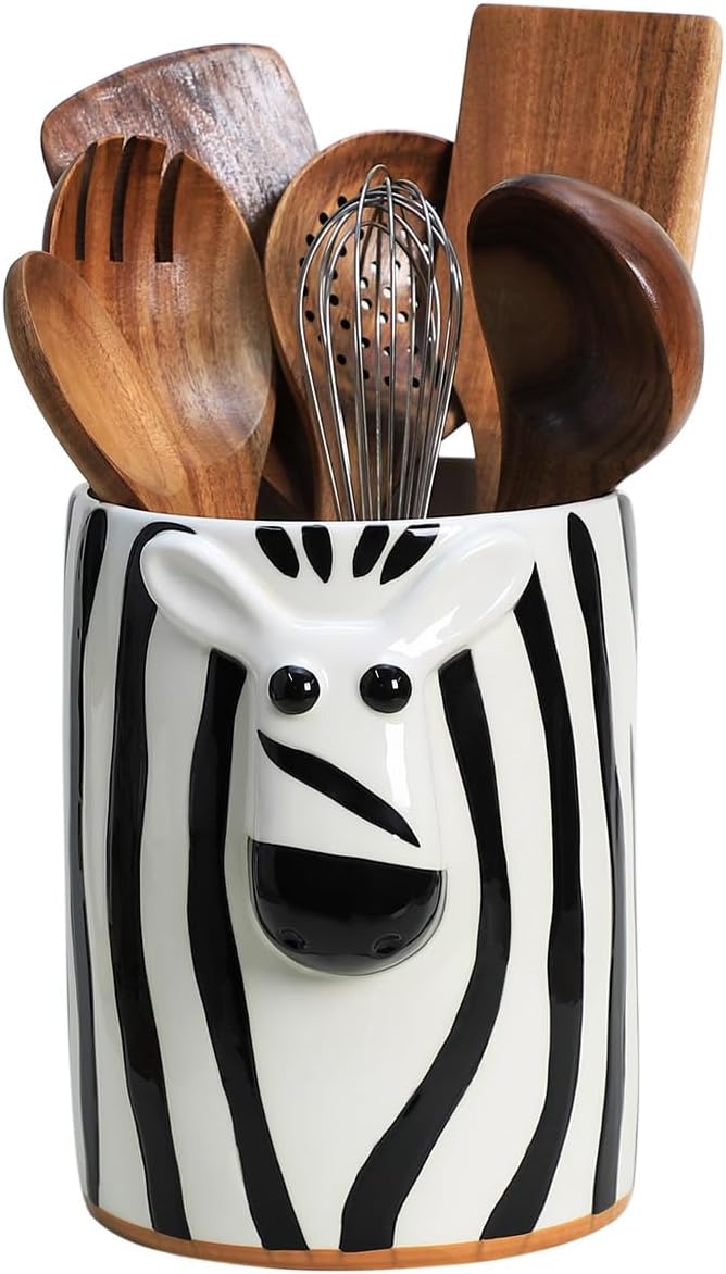SOCOSY Zebra Shaped Ceramic Kitchen Utensil Holder For Countertop Large Cooking Utensil Crock Holder Spatula Holder, Kitchen Countertop Decoration-Black B