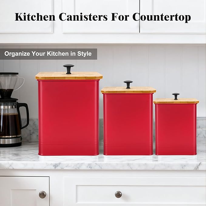 Kitchen Canisters Set of 3, Metal Flour Sugar Storage Containers with Airtight Lids-Canisters Sets for Kitchen with Customizable Chalkboard Labels & Marker Pen-Spice, Coffee Storage Jars(Red)