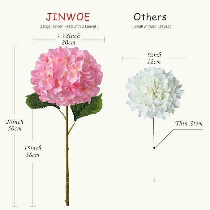 JINWOE 5pcs Pink Silk Hydrangea Fake Flowers, 20Inch Large Lifelike Artificial Flowers Bouquets Faux Hydrangea Stems for Home Wedding Party Table Core Indoor Home Decoration