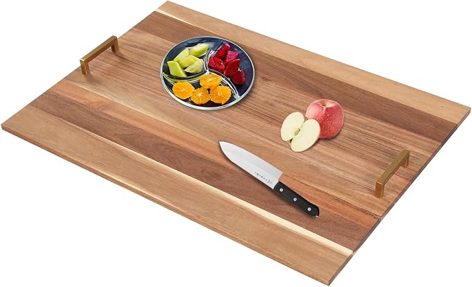 Noodle Board, 29x21in Acacia Wood Stove Top Cover, Kitchen Counter Protector w/Gold Handles, Modern Rectangular Cutting Board, Home Extra Workspace Sink Cover, Easy Clean Decorative Tray, Wood Color