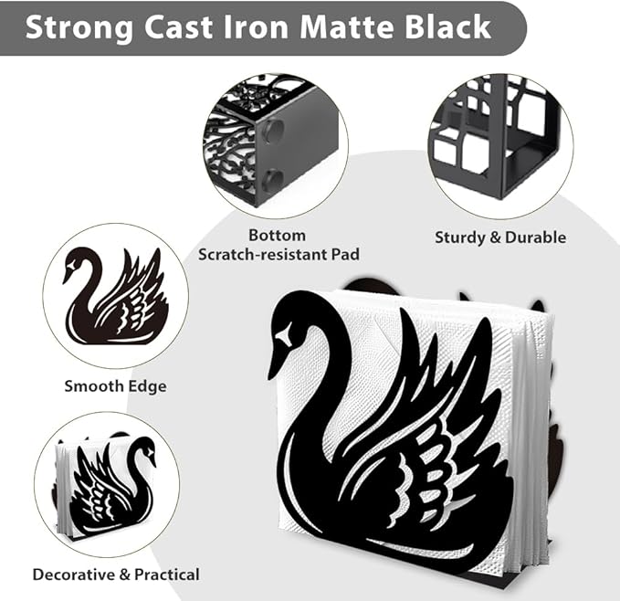 Swan Decorative Black Metal Napkin Holder for Table, 5.3" x 4.9" x 1.9" Swan Animal Standing Napkin Holder for Home Kitchen Restaurant Picnic Party Coffee Bar Dining Room