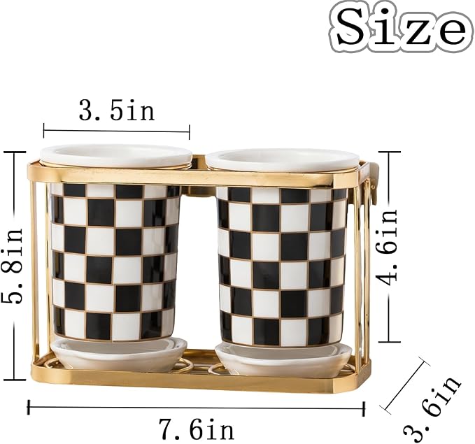 Multi-functional Ceramic Checkered Utensil Crocks, Black & White Grid Kitchen Utensil Storage, Bathroom Checkered Bathroom Toothbrush Holder, Flatware Organizer & Home Accessory (Black)
