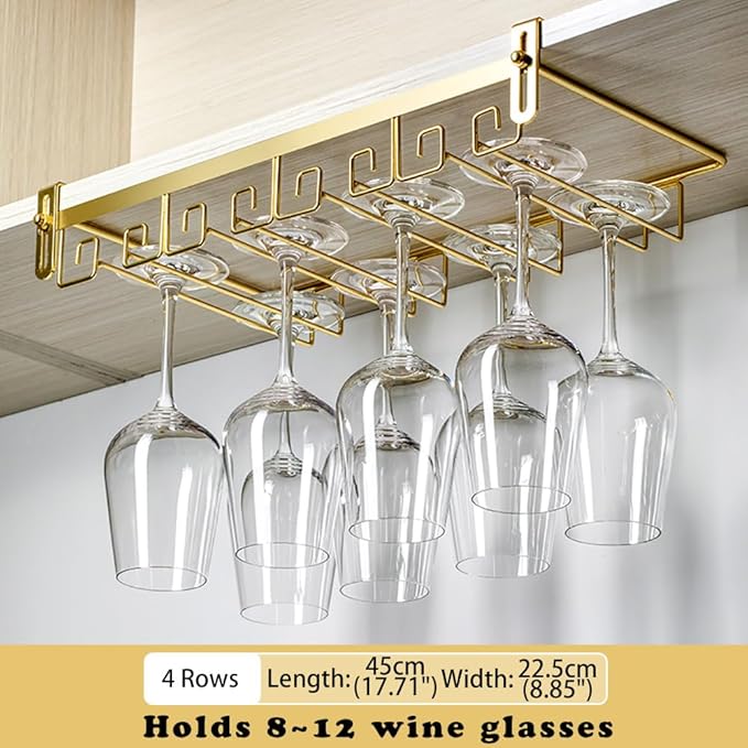 CAKERS Creative Wine Glass Holder|Under Cabinet Iron Art Stemware Rack|Hanging Wine Glass Drying Holder For Kitchen Bar Restaurant,Gold,4 Rows