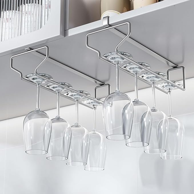 Wine Glass Rack Under Cabinet, Hanging Stemware Rack, Wine Glass Holder, Wine Glasses Storage Hanger Organizer, for Kitchen Bar(Silver)