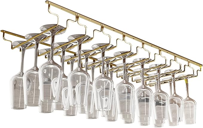 V3VOGUE Wine Glass Rack, Under Cabinet Stemware Wine Glass Holder, Glasses Storage Hanger, Hanging Stemware Display Rack, Perfect for Home, Storage Rack, Bar, Cellar, Cabine - Gold (Size : 8Row)