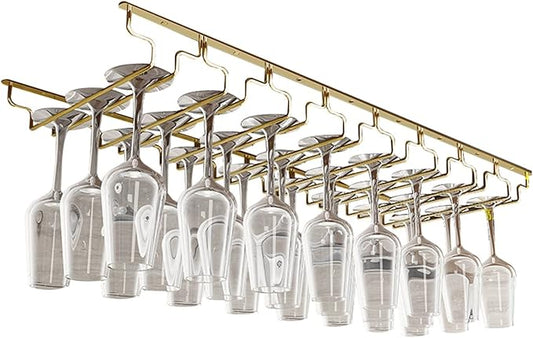 V3VOGUE Wine Glass Rack, Under Cabinet Stemware Wine Glass Holder, Glasses Storage Hanger, Hanging Stemware Display Rack, Perfect for Home, Storage Rack, Bar, Cellar, Cabine - Gold (Size : 8Row)