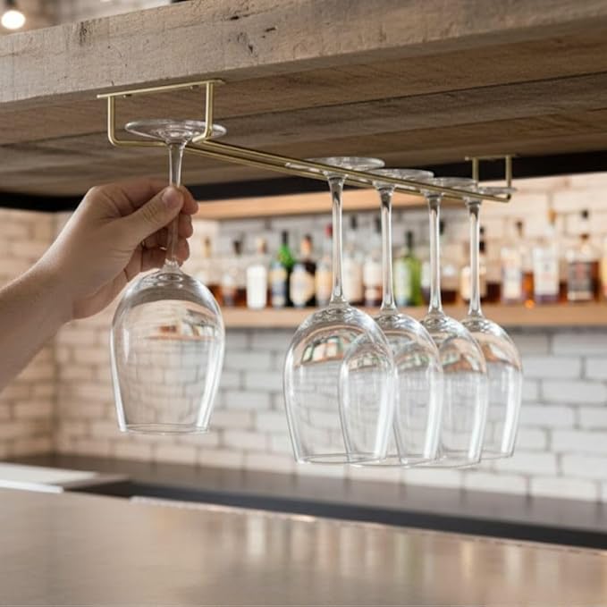 Soro Essentials- 24" Glass Hanging Stemware Rack Brass Plated Set of 2- Wine Glass Hangers Under Shelf Cabinet Wire Wine Holder Storage Hanger for Cabinet Kitchen Bar or Home