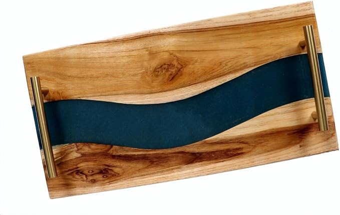 Acacia Wood Epoxy Resin Cheese Tray, Serving Board, Metal Handles - Medium for Coffee Table, Ottoman or Breakfast in Bed Wooden Tray
