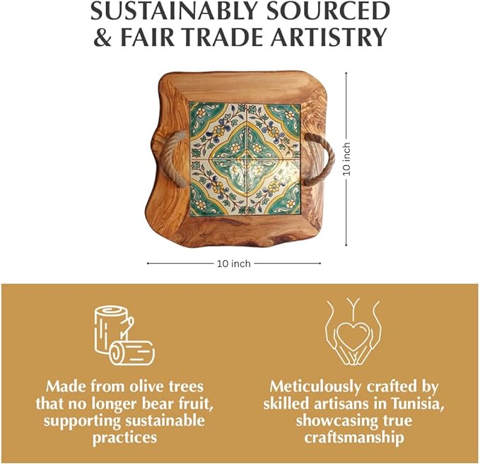 Kamsah Olive Wood Serving Tray with Handles (L:10”, W:10”) Decorative Square Serving Trays for Serving Food, Drinks, Tea, Coffee - Rustic Vintage Wooden Serving Tray for Table & Gifts - Arabesque