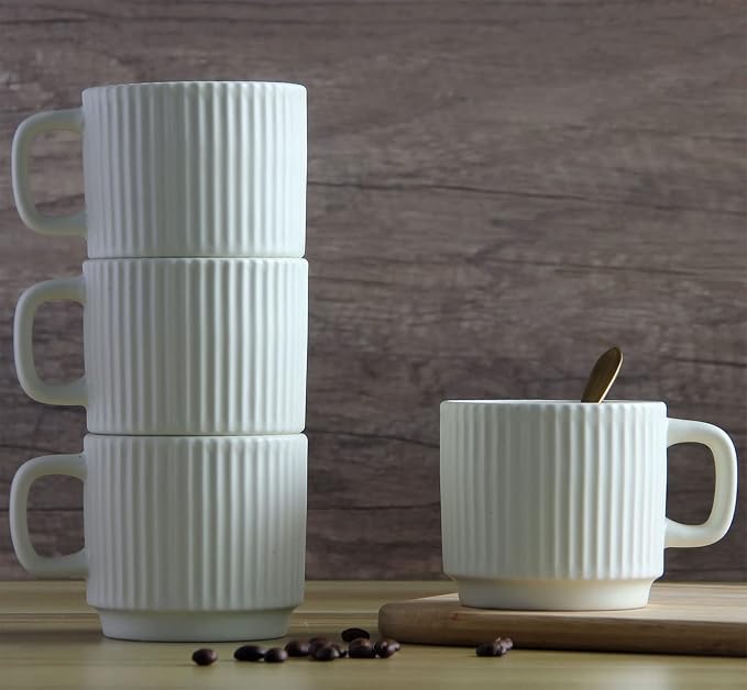 Stackable Coffee Mugs Set of 4, 7 OZ Espresso Ceramics Cups for Latte Cappuccino Cocoa with Handle, Beige