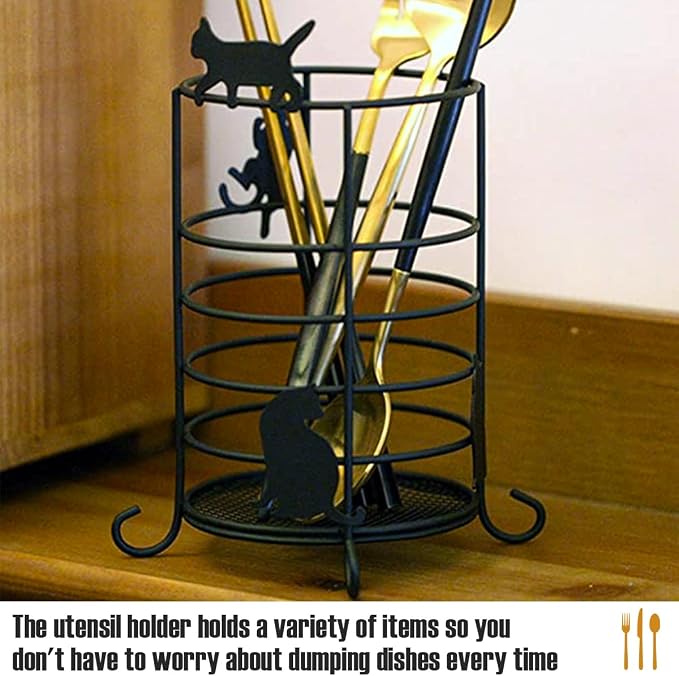 DOERDO Round Metal Utensil Holder for Kitchen Counter, Ventilated Cutlery Caddy with Mesh Base and Cat Design for Rustproof Spoon Spatula Whisk