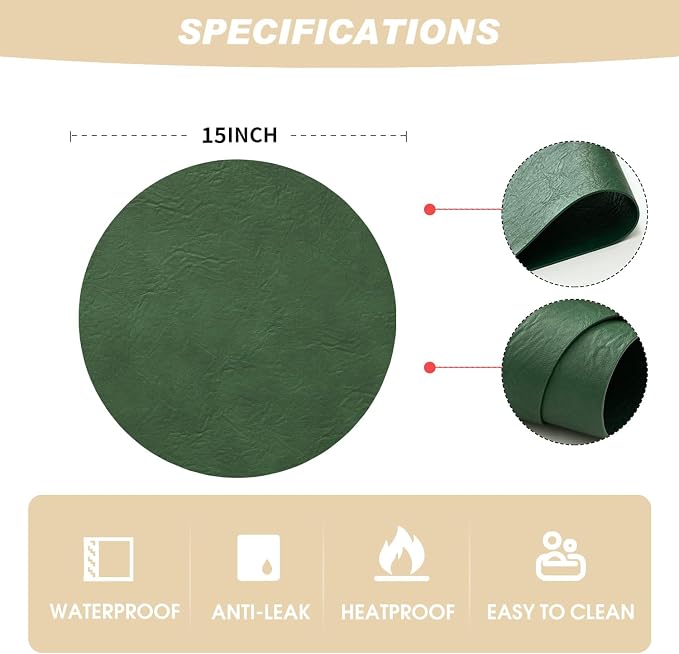Artoid Mode Green Faux Leather Placemats Set of 4, 15 Inch Waterproof Wipeable Heat Resistant Vinyl Place Mats, Reversible Table Mats for St. Patrick's Day Dining Decor