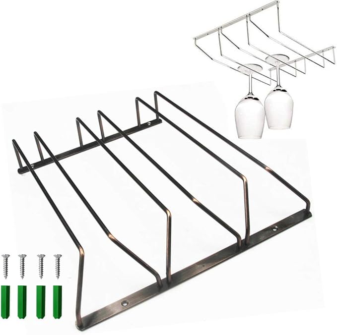 Stemware Wine Glass Hanging Rack Under Cabinet Kitchen Bar Storage Wine Glass Rack Holds up to 12-15 Wine Glass, 13.4 Inch 3 Rows, Bronze