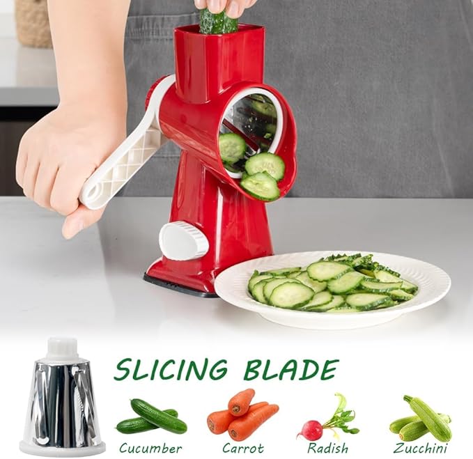 3 in 1 Manual Vegetable Cutter Machine with Stainless Steel Changeable Blades Rotary Cheese Grater Kitchen Tool Potato Slicer Shredder Nuts Chocolate Chopper (Red white)