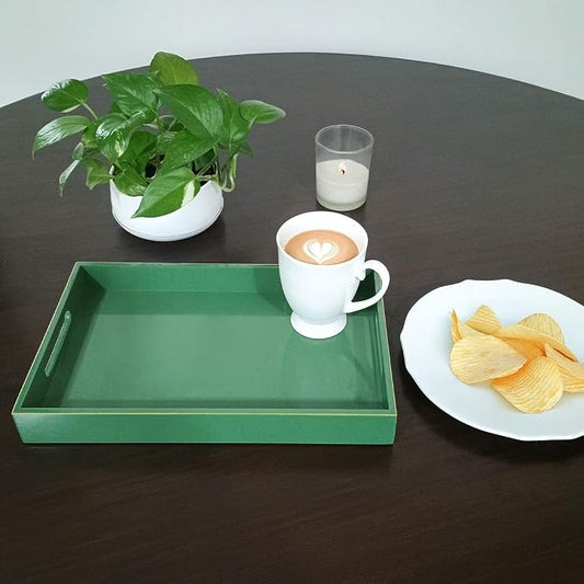 Handcrafted Wooden Serving Tray | Tray with Handle for Snacks, Tea, Kitchen, Coffee Table, Dining | High Gloss Finish with Gold Trim |12.25 x 7.75 x 1.5 inches (Solid Sage)