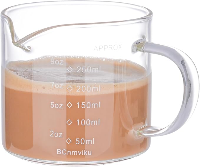 Espresso Cup Measuring Cup Triple Pitcher Milk Cup 250ML/8.5OZ Espresso Cups with Handle Shot Glass with V-Shaped Mouth Milk Frothing Pitcher (Single mouth)