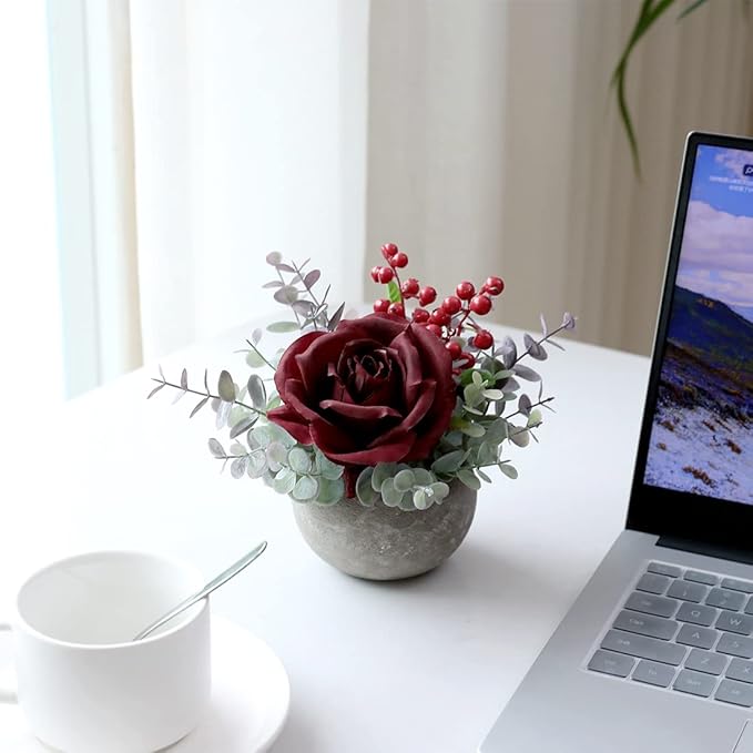 Small Artificial Burgundy Rose Potted Plant, 6" Fake Silk Flowers in 3.5" Round Pot, Mini Faux Floral Arrangement for Desk Shelf Bathroom Decor