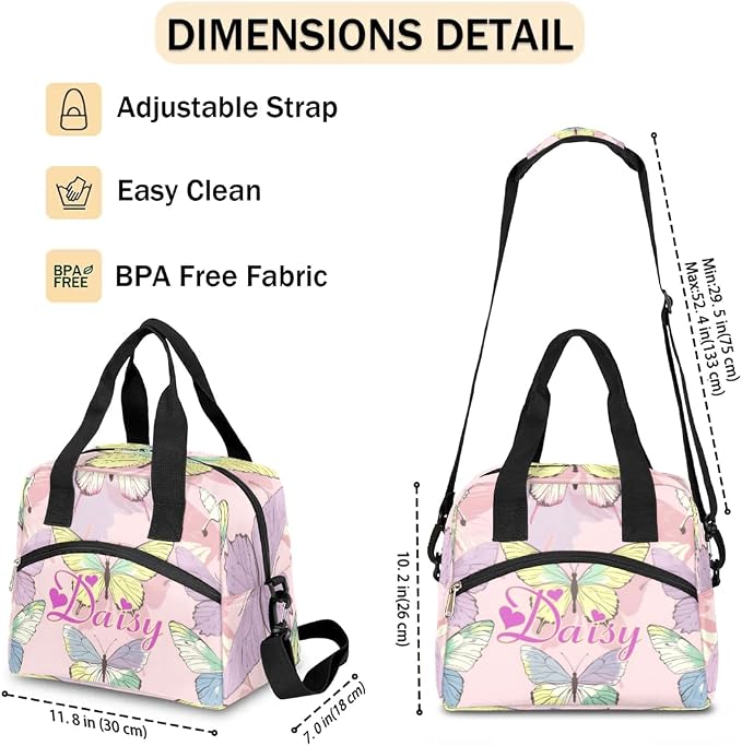 Personalized Butterfly Lunch-Bag for Women, Custom Insulated Cooler Lunch Box with Name, Leakproof-Reusable Lunch Tote Bag for Work Office Picnic - Pink Purple