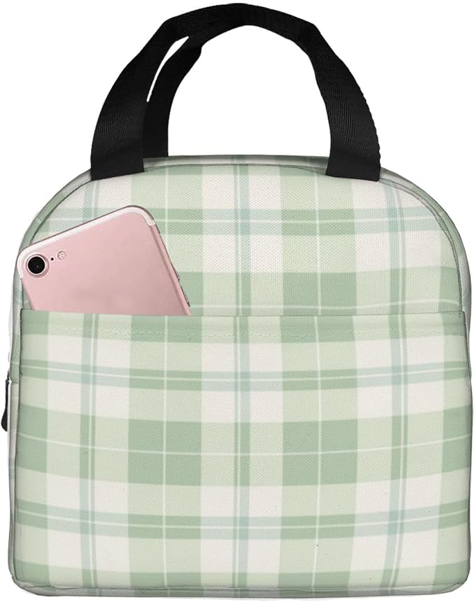 Lunch Bag Pastel Green Plaid Insulated Lunch Box Reusable Cooler Tote for Adults Student Girl Boy Work Office School Picnic Over 3 Years Old