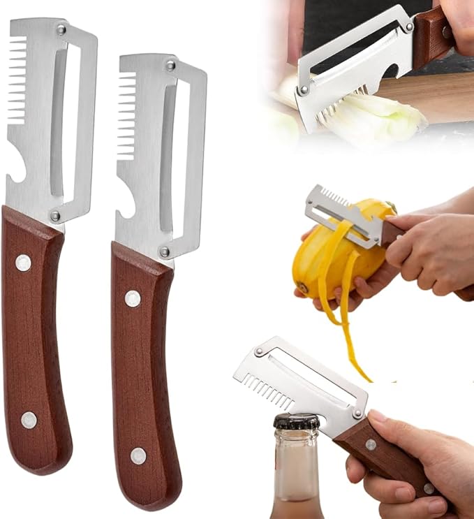 Multifunctional Vegetable Peeler, 2026 New 3 in 1 Stainless Steel Blade Peeler for Kitchen with Wooden Handle and Bottle Opener, Ultra-Sharp Peelers Kitchen Tool for Fruits and Vegetables (2)