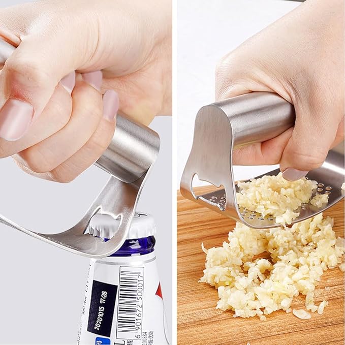 Garlic Press Garlic Presser,2026 Stainless Steel Garlic Presser Bottle Opener Mincer Crusher with Peeler and Cleaning Brush,Multifunctional Kitchen Gadget Garlic Mincer for Woman (A/2PCS)