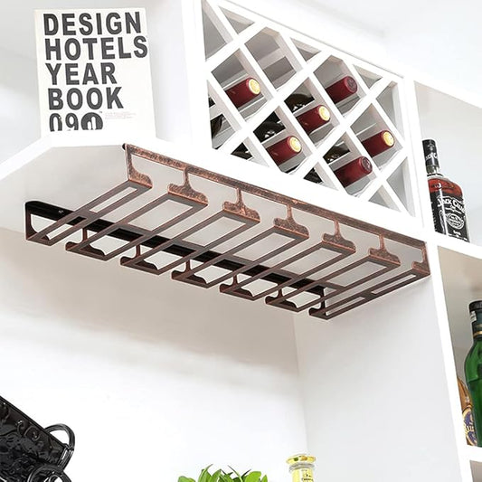 Under Cabinet Stemware, Hanging Wine Glass Holder with Screws, Glasses Storage Hanger Iron Organizer for Home Kitchen Bar