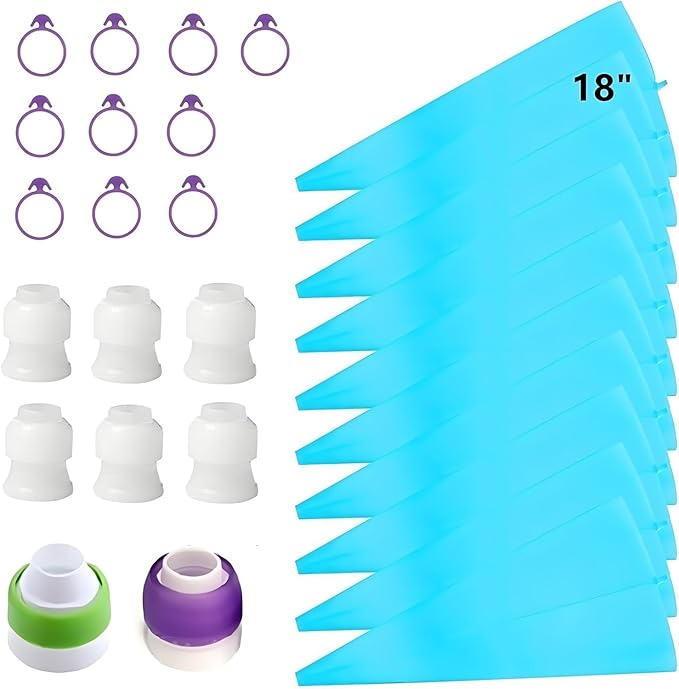 ANSLYQA Pastry Piping Bags Set, 28 Pcs Baking Tools with 10 Pcs (18 Inch) Reusable Silicone Icing Bags, 8 Couplers and 10 Frosting Bag Ties for Cake Cupcake Decorating