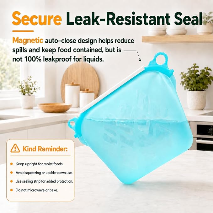 Yosmer Reusable Silicone Food Storage Bag, 50oz/1500ml Food-Grade Silicone Stand-Up Bag with Magnetic Self-Sealing Opening, Clear Windows, Freezer & Dishwasher Safe, Aqua, 1 Pack
