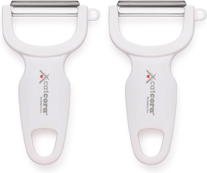 CatCora Swiss-Style Peeler, Professional German Tempered Stainless Steel Blade For Peeling Fruits and Vegetables and Garnishing, Ergonomic Contoured Handle, White, Set of 2