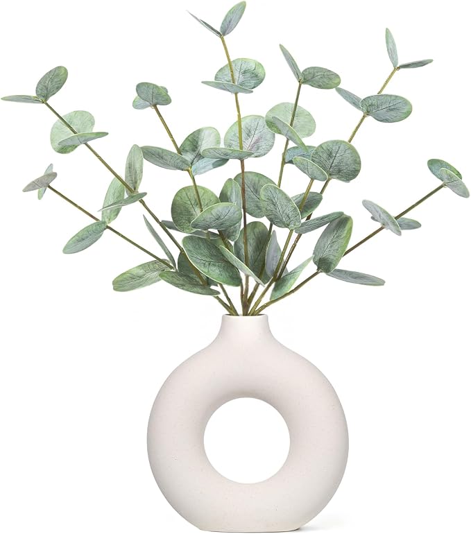 FIACO Artificial Eucalyptus Stems in Ceramic Vase, 14" Fake Plants for Home Decor, Coffee Table Centerpiece Bathroom Shelf Dining Table Farmhouse Faux Greenery Plants Indoor Decorations
