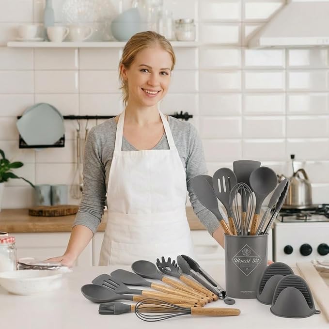 Silicone Cooking Utensils Set, Kitchen Utensils for Cooking with Holder, Wooden Handle Silicone Utensils Spatula Set, Heat Resistant, BPA Free, Non Toxic Kitchen Gadgets, Gray