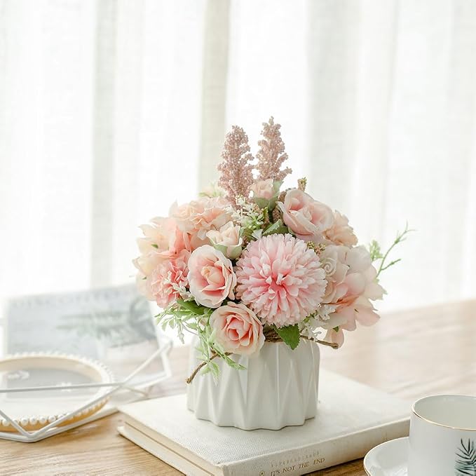 TKAS Artificial Faux Silk Fake Flowers Arrangement, Small Realistic Roses & Hydrangea in Ceramic Vase, Dining Table Centerpiece for Wedding Party Home Decoration (Pink)