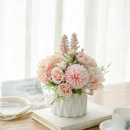 TKAS Artificial Faux Silk Fake Flowers Arrangement, Small Realistic Roses & Hydrangea in Ceramic Vase, Dining Table Centerpiece for Wedding Party Home Decoration (Pink)