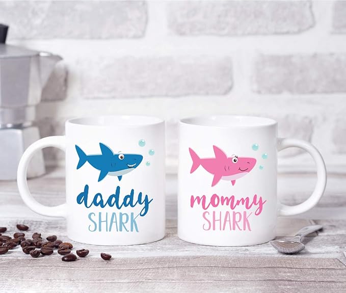 Andaz Press Baby Shark Family 11oz. Coffee Mug Gift Set, Mommy Shark, Daddy Shark, 2-Pack, Shark Do Do Do Gift Idea Birthday Christmas Gifts for Mother's Father's Day