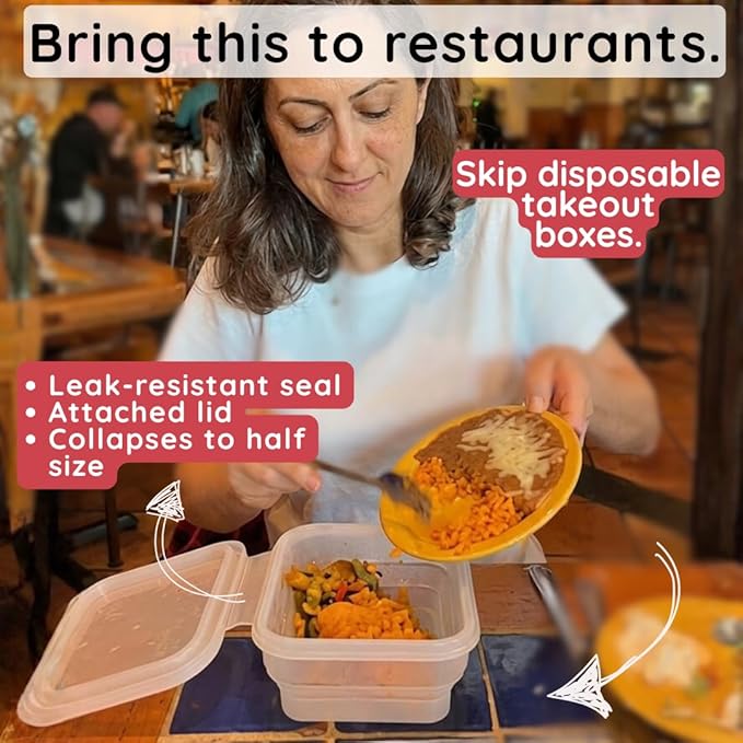 BYOB Collapsible Silicone Food Containers with Attached Lids – Reusable To-Go & Leftover Containers, Platinum Silicone, Leak-Resistant – 2 Pack (White Containers)