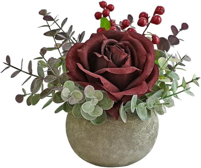 Small Artificial Burgundy Rose Potted Plant, 6" Fake Silk Flowers in 3.5" Round Pot, Mini Faux Floral Arrangement for Desk Shelf Bathroom Decor