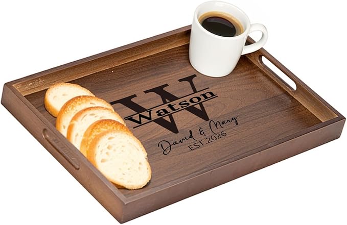 Custom Bamboo Serving Tray with Initial & Name, Personalized Breakfast Tray with Handles, Wooden Food Serving Tray for Coffee, Drinks, Home Decor Gift