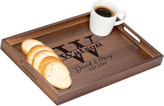 Custom Bamboo Serving Tray with Initial & Name, Personalized Breakfast Tray with Handles, Wooden Food Serving Tray for Coffee, Drinks, Home Decor Gift