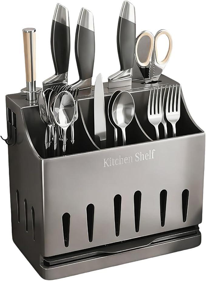 Stainless Steel Universal Knife Holder & Utensil Organizer - Countertop Knife Storage Stand, Detachable Knife Block for Kitchen Counter Knife Storage Rack Organization, Classic Gray Coating