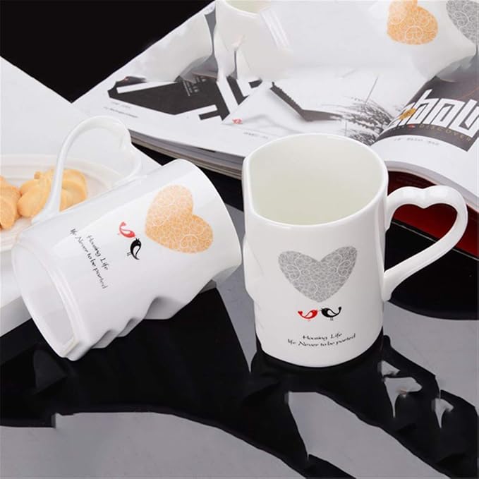 Creative Kissing Mugs Set, Ceramic Couple Coffee Mug with Lid, 12 OZ White Heart Tea Cup Set for Anniversary, Wedding, Birthday Gift