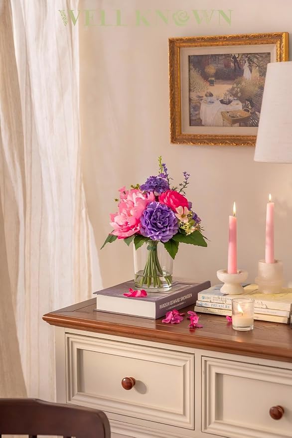 WELL KNOWN Artificial Flowers in Vase with Fake Water, Pink & Purple Silk Flowers Fake Ranunculus Peonies Lilac Bouquet for Home Wedding Party Dining Table Baby Shower Decor & Birthday Gift (Violet)