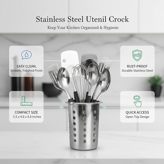 Stainless Steel Utensil Crock for Kitchen Countertop, Rust-Resistant Cutlery Holder for Spatulas and Spoons, Easy to Clean Storage Container