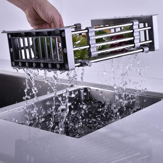Dish Drying Rack, Stainless Steel Dish Drainer with Adjustable Arms Holder Functional Kitchen Sink Organizer for Vegetable and Fruit, Gray Large