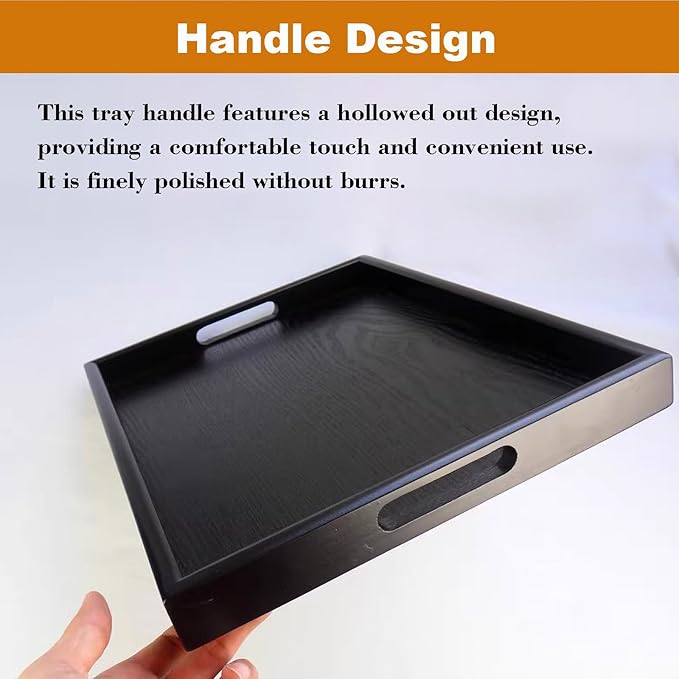 Wooden Serving Tray with Handles, Rectangle Decorative Serving Tray Platter Wood Bed Tray with Raised Edges Snack Tray for Home Kitchen Restaurant Coffee Tea Food Breakfast Dinner Décor(Black)